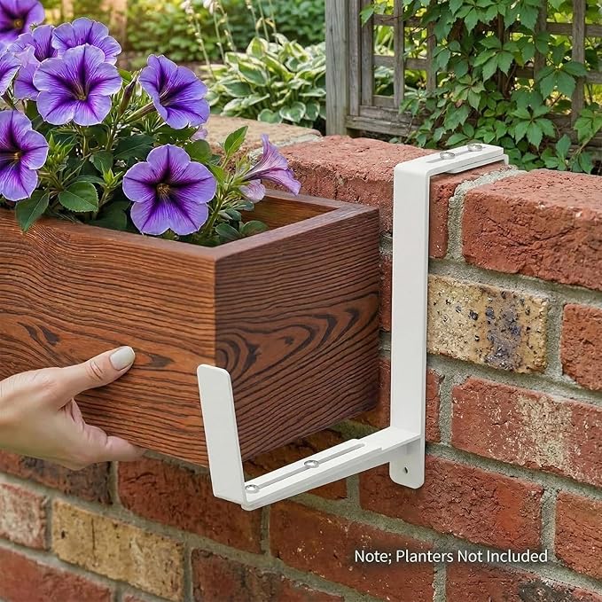 Window Box Brackets, Adjustable Planter Box Brackets, Heavy Duty Iron Flower Box Brackets for Railings, with Enhanced Bottom Support - Perfect for Balconies, Fences, and Gardens (White, 6 Pack)