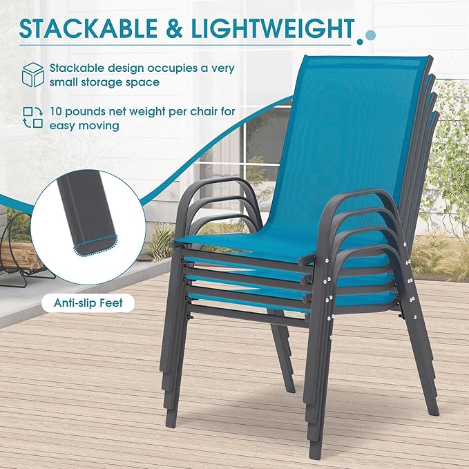 Outdoor Stackable Chairs Set of 6, Stacking Patio Chairs with Textilene Fabric, Outside Furniture for Garden Backyard Balconie Poolside Deck, Blue