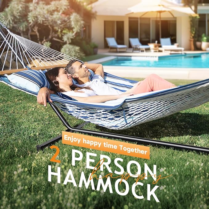 2 Person Outdoor Hammock with Stand, Cotton Rope Hammock with Polyester Pad, Adjustable Steel Frame, Portable with Carrying Bag – for Patio, Backyard, Garden, Beach, Blue