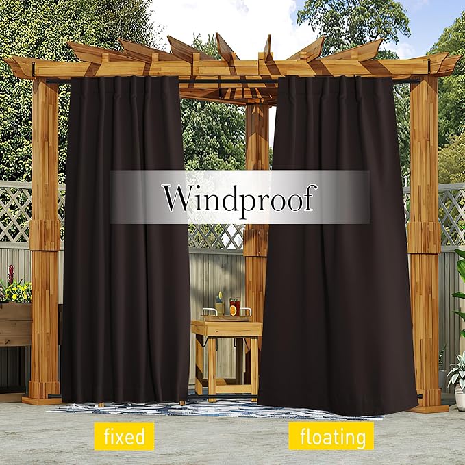 NICETOWN 2 Panels Outdoor Curtains Waterproof Pocket & Back Tab on Top & Bottom, Thermal Insulated Windproof Sun Blocking Outside Privacy Drapes for Patio with Fixed Rope, W52 x L95, Toffee Brown
