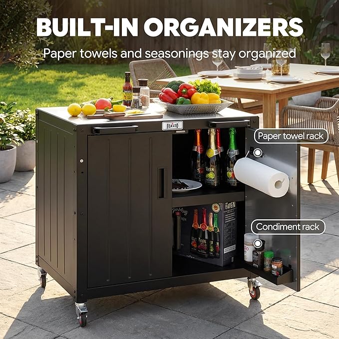 Outdoor Grill Cart with Storage Cabinet and Stainless Steel Top, 35-Inch Outdoor Grill Station with Door, Modular Kitchen Island for Food Prep and BBQ, Black & Silver