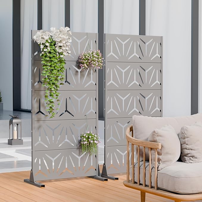Casaphoria Metal Privacy Screen Outdoor, 60" H x 30" W Freestanding Decorative Privacy Screen for Patio Deck Balcony Garden with Stable Base, Grey-Star