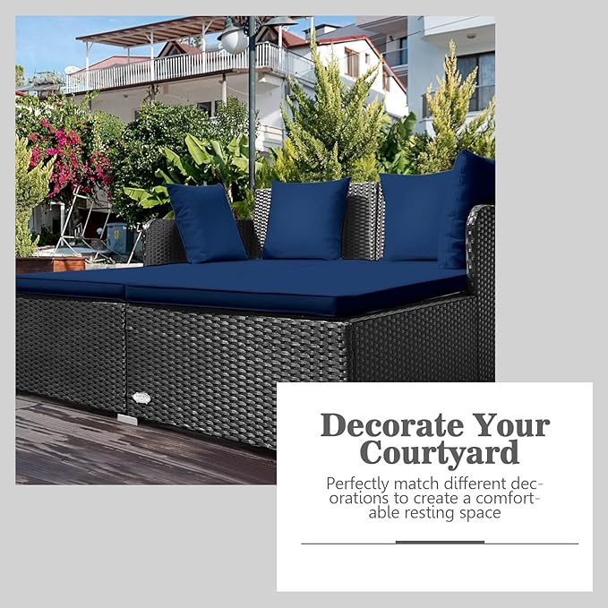 COSTWAY Outdoor Patio Rattan Daybed, Sponge Cushioned Loveseat Sofa with 4 Pillows, Wicker Furniture Sunbed for Balcony, Courtyard (Navy Blue)