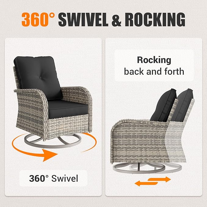 9-Piece Outdoor Patio Furniture Set with Rocking Swivel Chair Wicker Sectional Sofa Set, Patio Conversation Set with Thickened Cushions & Coffee Table for Garden, Backyard, Dark Grey