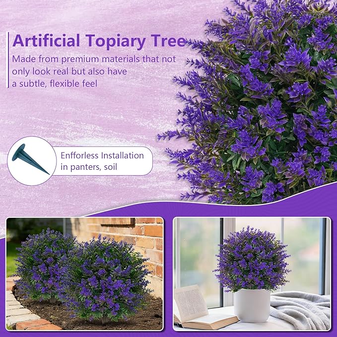 Artificial Lavender Topiary Ball for Outdoors, Set of 2 Boxwood Plant Tree with Spike, Fake Shrubs UV Resistant Faux Plants for Indoor Outdoor Decor