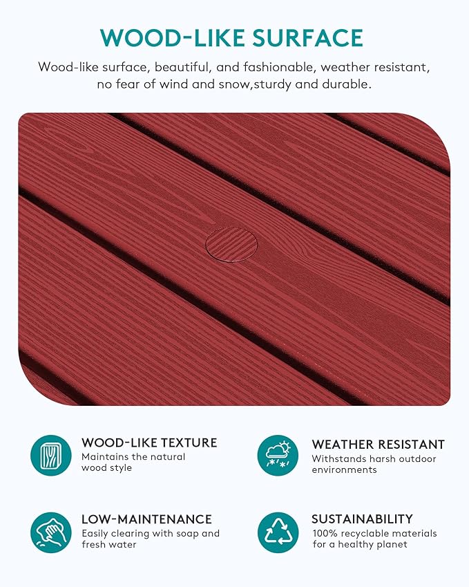SERWALL Outdoor Coffee Table with 9FT Umbrella, HDPE Patio Coffee Table for Outside, Rectangle, Red(Not Include Umbrella Base)
