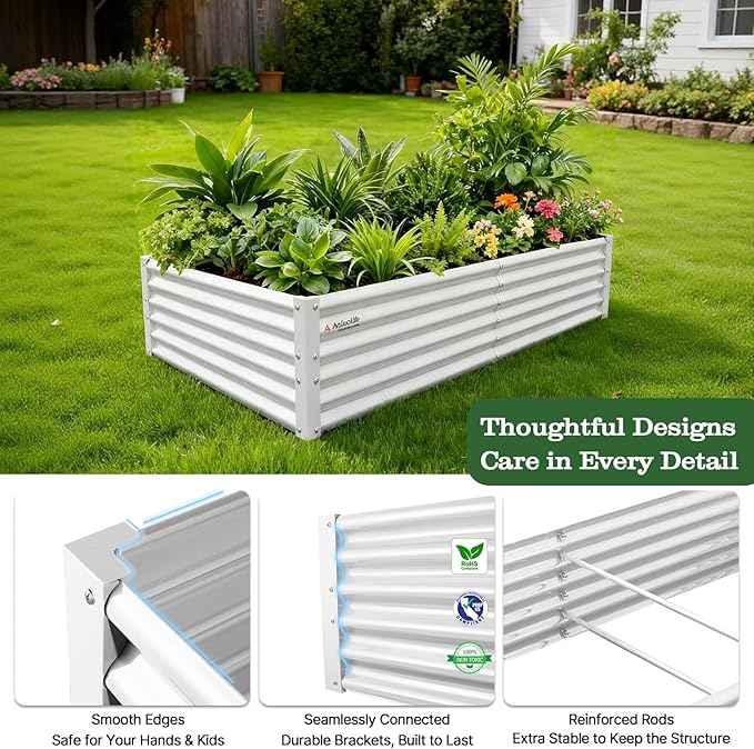 A ANLEOLIFE 6X3X1.5 ft Galvanized Raised Garden Beds Outdoor, Rectangular Metal Planter Box for Planting Vegetables Flowers Herb, Anti-Rust & Easy-Setup, Antique White