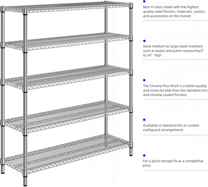 3500LBS 59" W 5 Tier Storage Shelves Rack Metal Wire Shelving Unit, Storage Standing Shelf Organizer for Laundry Bathroom Kitchen Pantry Closet Garage, Chrome 17.7" D x 59.1" W x 70.4" H