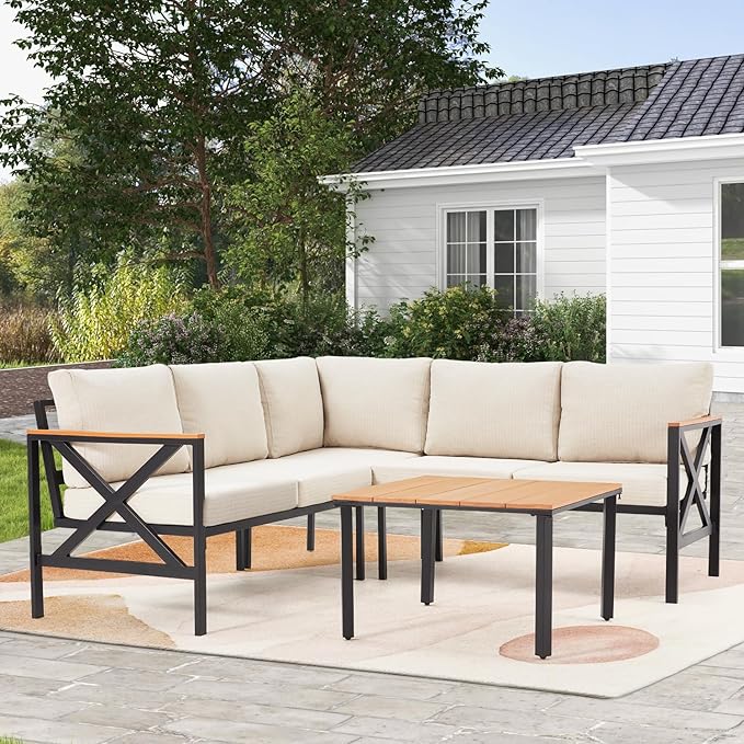 EROMMY 6 Pieces Patio Furniture Sets, Metal Outdoor Sectional Furniture L Shape Patio Conversation Sets with Fauxwood Coffee Table & 6.5" Olefin Cushions for Backyard, Garden, Poolside
