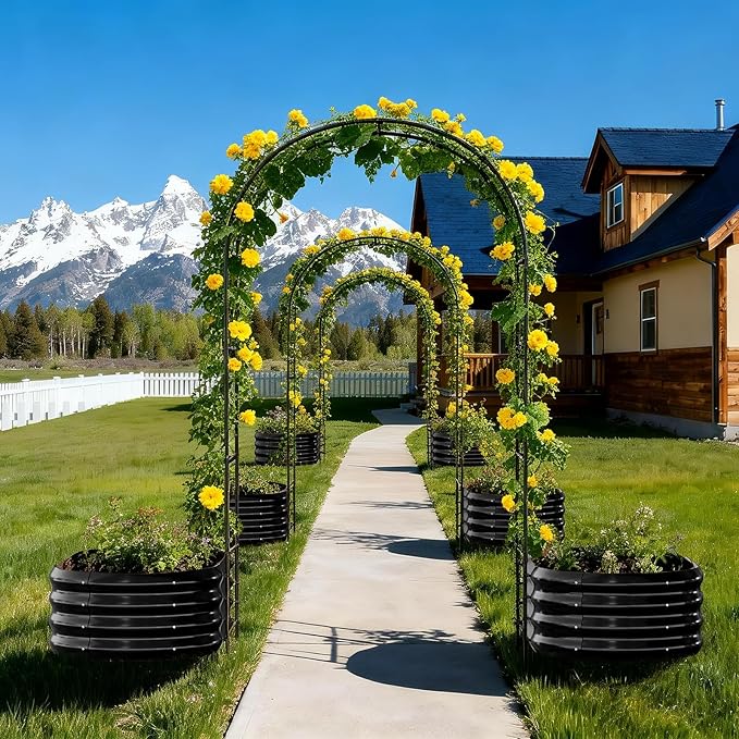 DoCred 3 in 1 Raised Garden Bed with 87in Tall Arch Trellis for Climbing Plants, Galvanized Planter Garden Box Outdoor for Gardening, Climbing Vegetables, Flower, Black