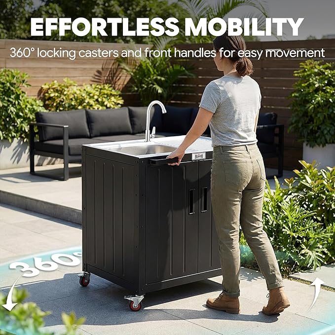 Outdoor Kitchen Island with Stainless Steel Sink and Storage Cabinet, 35-Inch BBQ Prep Station with Faucet & Lockable Wheels for Patio, Backyard, and Outdoor Cooking, Black & Silver