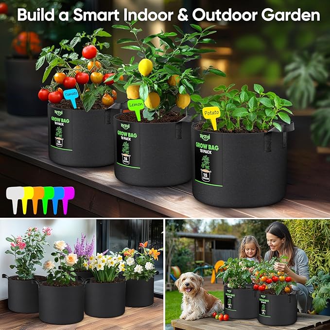 15 Gallon 10-Pack Plant Grow Bags: 350G Thickened Nonwoven Potato Grow Bags with Handles, Black Fabric Flowers Pots Felt Garden Bags, Gardening Supplies for Growing Vegetable Fruit Tomato Herbs
