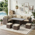 Wisteria Lane Patio Furniture Set, 7 Piece Outdoor Dining Sectional Sofa with Dining Table and Chair, All Weather Wicker Conversation Set with Ottoman, Ivory