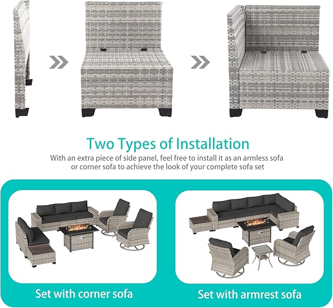 10-Piece Outdoor Patio Furniture Set with Rocking Swivel Chair, PE Wicker Rattan Sectional Sofa Patio Conversation Set with 55,000 BTU Fire Pit Table & Coffee Table, Dark Grey