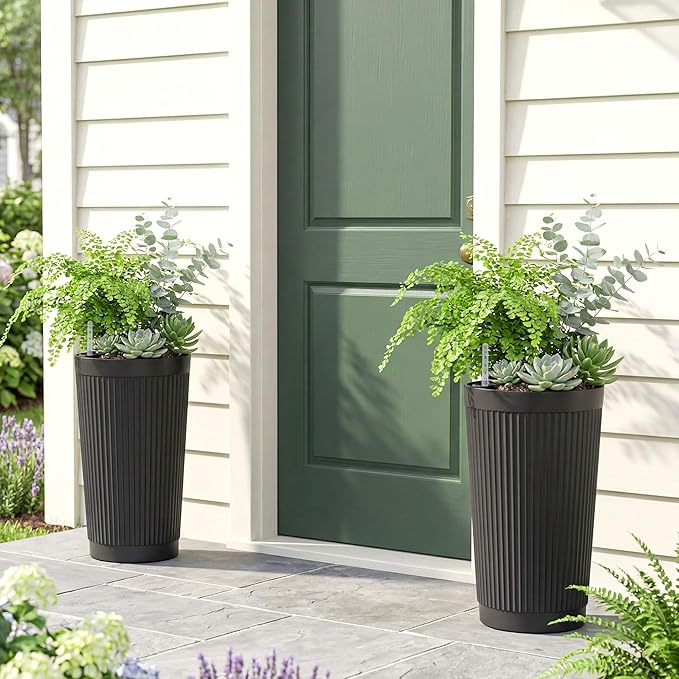 Self Watering Tall Black Planters Outdoor Set of 2, 24” Flower Pots Planters for Outdoor Plants, Modern Plastic Tall Planter for Front Porch, with Drainage Hole (Ribbed)