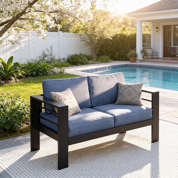 Kiss the Water Outdoor Patio Furniture Loveseat Sofa, All-Weather Metal Aluminum Patio Couch with 5" Thick and Soft Cushion and Wide Arm, Outdoor Couch for Balcony, Porch, Backyard