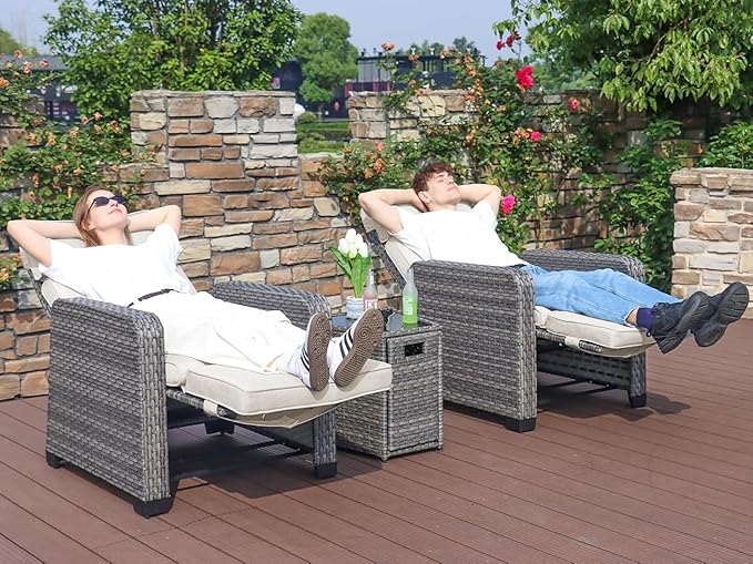 Restland Outdoor Recliner with Independent Adjustable Back & Footrest Wicker Patio Reclining Chair with Flip Table Comfortable Lounge Chair & Thick Cushion for Deck, Porch (3 Piece, Beige)