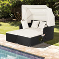 COSTWAY Outdoor Daybed with Retractable Canopy, Wicker Patio Furniture Set with Cushioned Pillows, Patio Rattan Daybed for Deck, Backyard, Poolside (White)