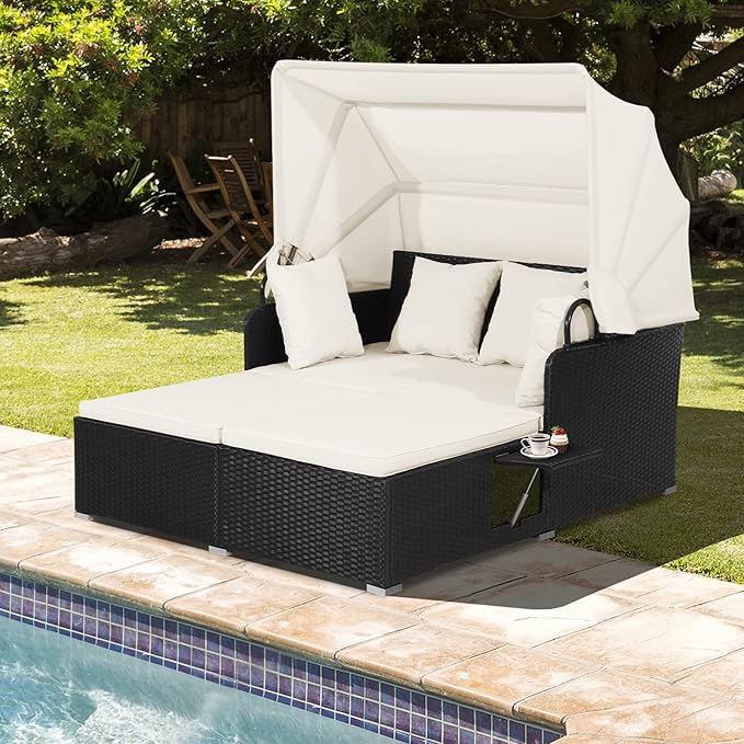 COSTWAY Outdoor Daybed with Retractable Canopy, Wicker Patio Furniture Set with Cushioned Pillows, Patio Rattan Daybed for Deck, Backyard, Poolside (White)