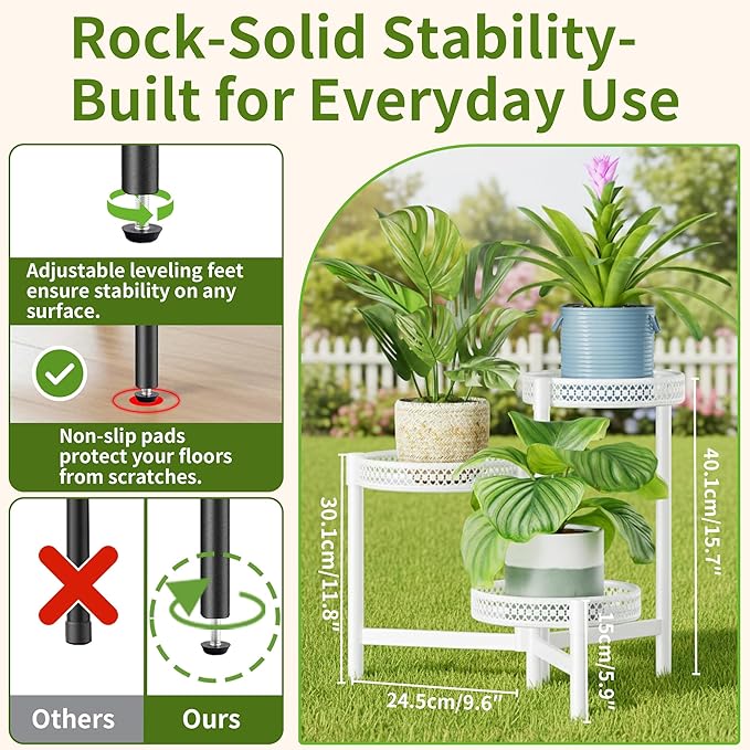 3 Tiered Tall Plant Stand Indoor Outdoor, Metral Plant Shelf for Corner Display Rack, Multi-Tier Folding Planter Pot Holder Flower Stand for Living Room Balcony Garden Patio - WhiteWave