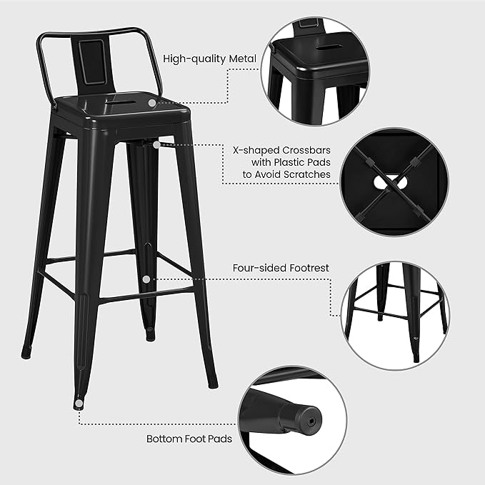 Yaheetech Bar Stools Set of 4, Metal Counter Height Chairs, 30 Inch Industrial Kitchen Stools with Backrest and Footrest for Indoor/Outdoor, Matte Black
