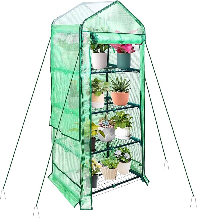 4 Tier Mini Greenhouse for Outdoor Indoor, Double-Layer Roof, Heavy Duty Small Greenhouses with PE Cover, Portable Green Houses for Outside Winter Plant Protection, 64'' H x 27'' L x 20'' W