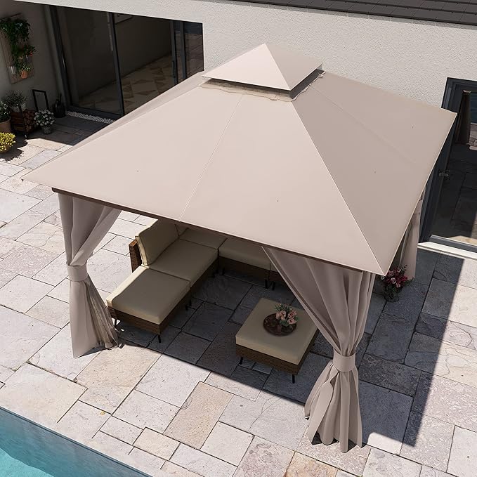 LAUSAINT HOME Semi-Permanent Outdoor Patio Gazebo 10'x10', Heavy Duty Party Tent Shelter with Double Roofs, Mosquito Nettings and Privacy Screens for Backyard, Garden, Lawn, Khaki