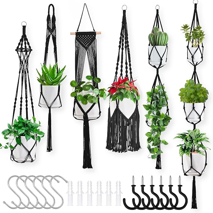 Macrame Plant Hangers, 6Pack Hanging Plant Holders Indoor w/ 6 Set Hooks Handmade Cotton Rope Plant Hangers Set Flower Pots Holder Stand Boho Home Decor Hanging Planters for Indoor Outdoor Plants
