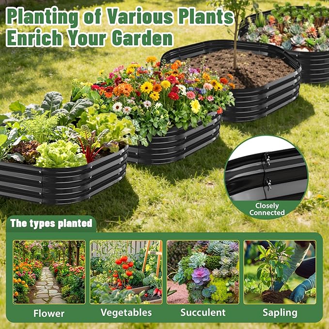 Hexagon Raised Garden Bed, 48 Inch Diagonal & 12 Inch Tall, Galvanized Steel Planter Box with Wave-Shaped Metal Panels for Outdoor Flower,Tree,Herb & Vegetable Garden (Black, 4FT X 1FT)