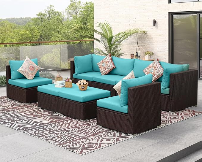 NICESOUL 8 Piece Outside Furniture Set, 29.3'' High Back Deep Seating Wicker Patio Modular Sectionals, Oversized Modern Comfy Conversation Sets for Backyard, Brown Rattan and Teal Cushion