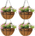 Outdoor Metal Hanging Planters Basket (4pack, 14 inch) Hanging Baskets for Plants Chain Round Wire Plant Holder with Coco Fiber Liners for Garden, Patio, Deck, Porch(Flower Border)