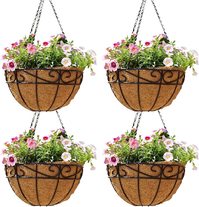 Outdoor Metal Hanging Planters Basket (4pack, 14 inch) Hanging Baskets for Plants Chain Round Wire Plant Holder with Coco Fiber Liners for Garden, Patio, Deck, Porch(Flower Border)