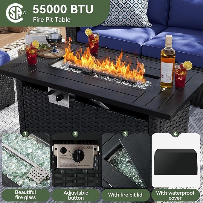 Aoxun 15 Piece Patio Furniture Set with 44” Fire Pit Table, Wicker Rattan Patio Sectional Sofa, Outdoor Furniture Set with Thickened Cushion, Blue