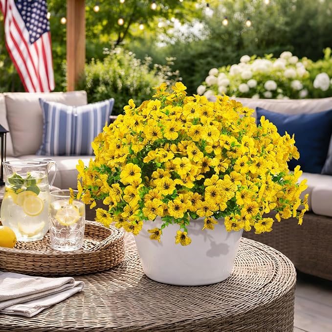 20 Bundles Artificial Flowers for Outdoors, UV Resistant Fake Plants Flowers Greenery Shrubs Plants for Decoration Outside Plants Hanging Planter Home Garden Decor (Yellow)