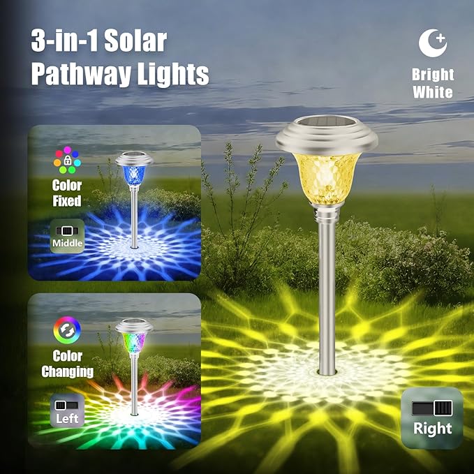 BEAU JARDIN 8 Pack Solar Pathway Lights White+ Color Changing Stainless Steel 3 Mode Outdoor Multicolor Metal Solar Powered Waterproof Glass for Garden Landscape Path Yard Walkway Driveway Silver