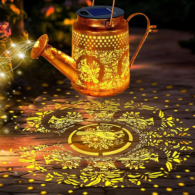 Solar Lights Outdoor Garden Decor, Cardinals Hanging Waterproof Watering Can Lights Outside Decorations for Yard Front Porch Patio Christmas Gift for Mom Grandma Women Birthday （with Shepherd Hook）