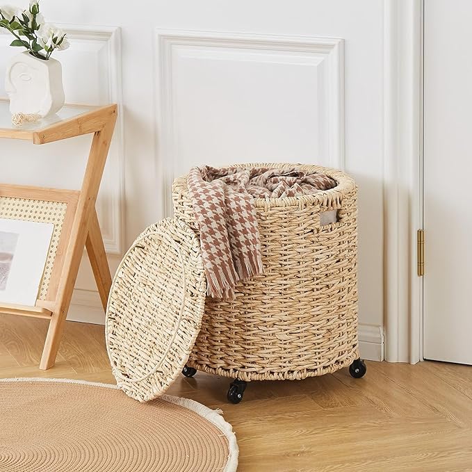 Wimarsbon Round Pouf Ottomans, Handwoven Natural Water Hyacinth Seagrass Pouffe,Outdoor Rattan Stool Accent Seat, Bohemian Coastal Home Decor (Storage Ottoman - Corn Husk)