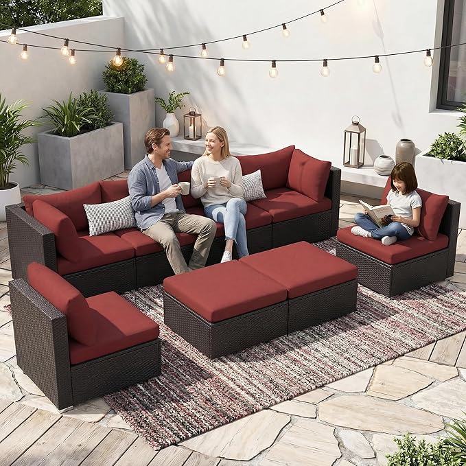 NICESOUL 29.3'' High Back Wicker Patio Furniture Set for 8 Person, Extra Big Outdoor Modular Sectional with Ottoman, Deep Seated Relax Conversation Sets for Backyard Deck, Brown and Red