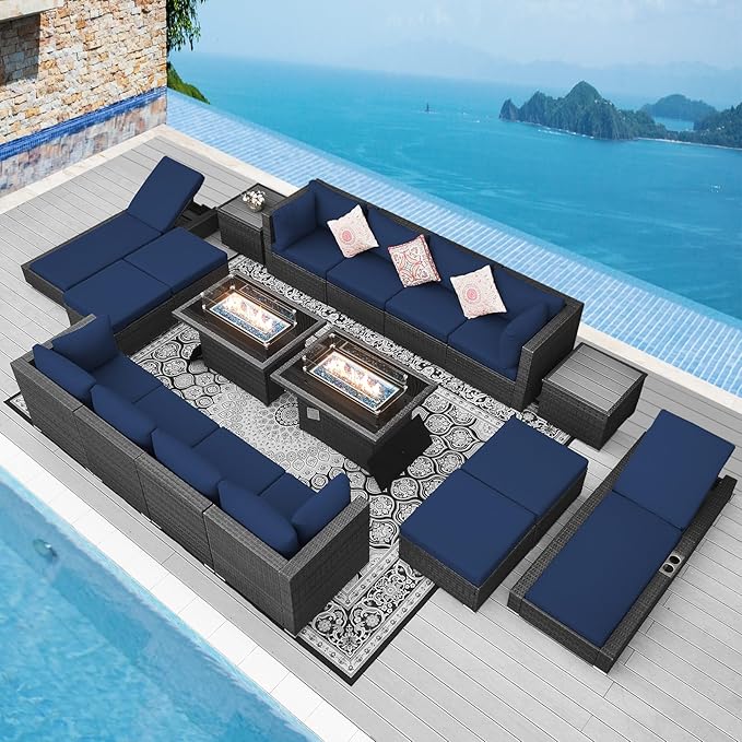 NICESOUL 18 Piece Patio Furniture Set with Fire Pit Table and Chaise, 29.3'' High Back Outdoor Wicker Couch Sets with Firepit and Lounger, 500 lbs Heavy Duty 14-Seat Outdoor Sectional, Gray & Navy