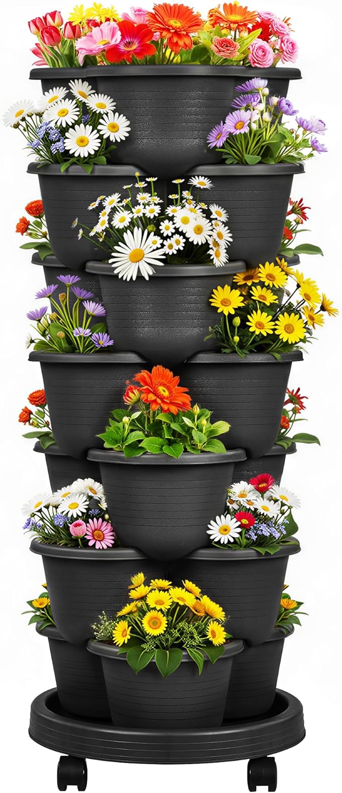 VECELO 7 Tier Vertical Garden Planter, Self Watering Stackable Planters with Wheels for Strawberries, Herbs, Flowers, Vegetables, Black