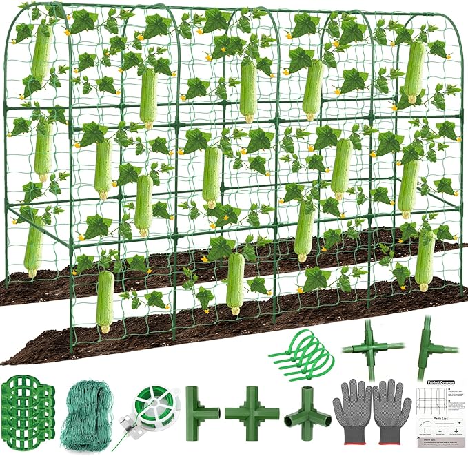 67 x 50 Cucumber Trellis for Raised Bed, U-Shape Metal Large Garden Trellis for Climbing Plants Outdoors with Netting, Garden Tools, Cucumber Arch Trellis for Vegetable Fruit Flower Plant Support