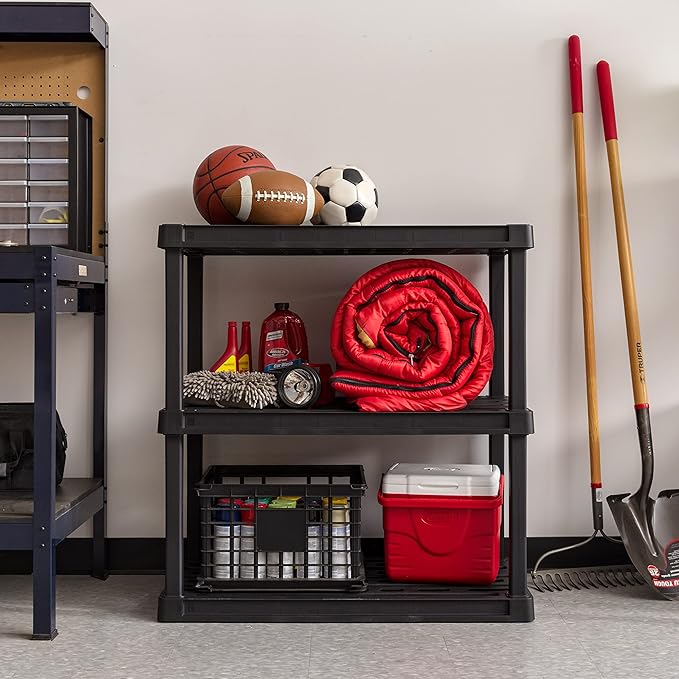 IRIS USA 3-Shelf Heavy Duty Plastic Storage Shelves, 450lb Capacity, 38" H x 36" W x 18" D, Large Modular Shelving Unit Storage Organizer for Garage, Home, Warehouse & Gym, Storage Rack - Black