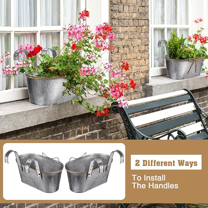 Hicarer 4 Pcs Metal Hanging Flower Pots, 10.6 Inch Vertical Grained Metal Color Outdoor Hanging Planters Window Plant Holder with Detachable Hooks for Railing Fence Balcony Garden Yard