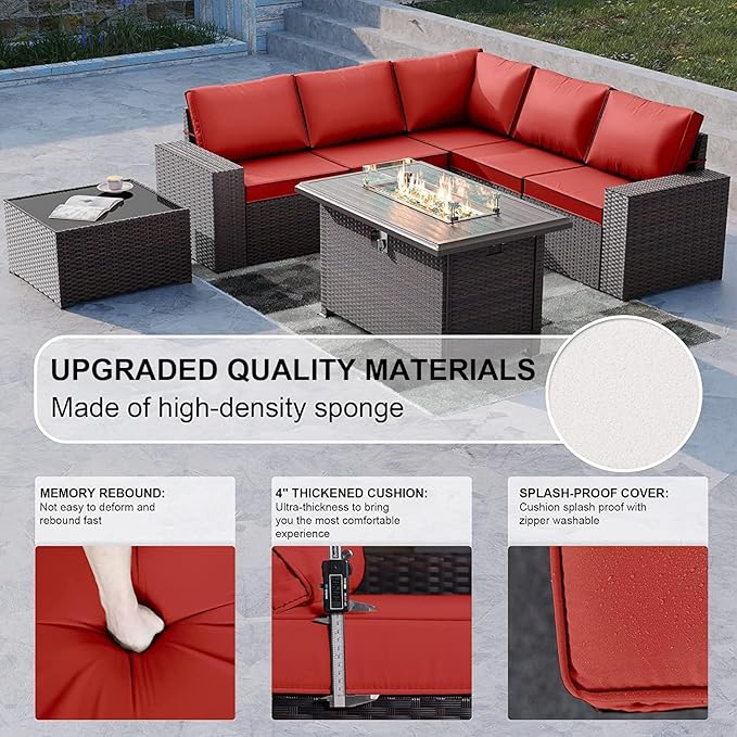 Kullavik 7 Pieces Outdoor Patio Furniture Set with 43" 55000BTU Gas Propane Fire Pit Table PE Wicker Rattan Sectional Sofa Patio Conversation Sets,Red