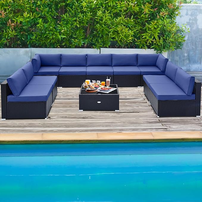Tangkula 10 Pieces Patio Sofa Set, Outdoor Wicker Conversation Set with Soft Cushions, Tempered Glass Tabletop, Sofa Fastener Clips Included, Rattan Furniture Set for Backyard, Poolside (Navy)