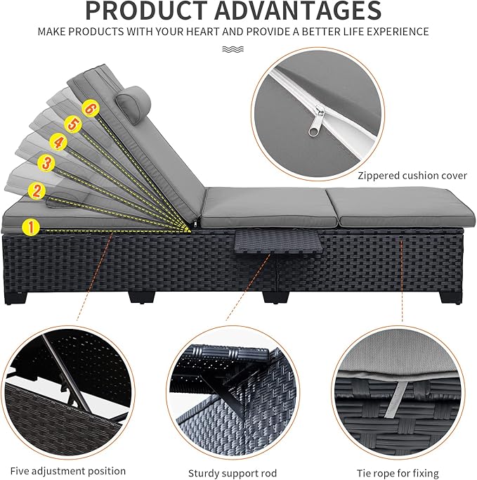 WAROOM Outdoor Chaise Lounge Chairs for Outside Patio Furniture Set of 2 Wicker Recliner Black Rattan Sunbathing Lounger Adjustable Backrest Pool Reclining Chair, Grey Cushion