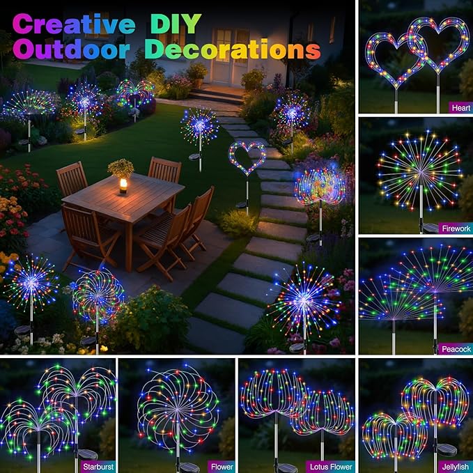 btfarm 4 Pack 120 LED Solar Garden Lights Outdoor, 8 Modes Firework Lights Solar Powered, Waterproof Twinkle Fairy Light Outside for Yard Patio Pathway Pool Christmas Party Decorative, Multicolor