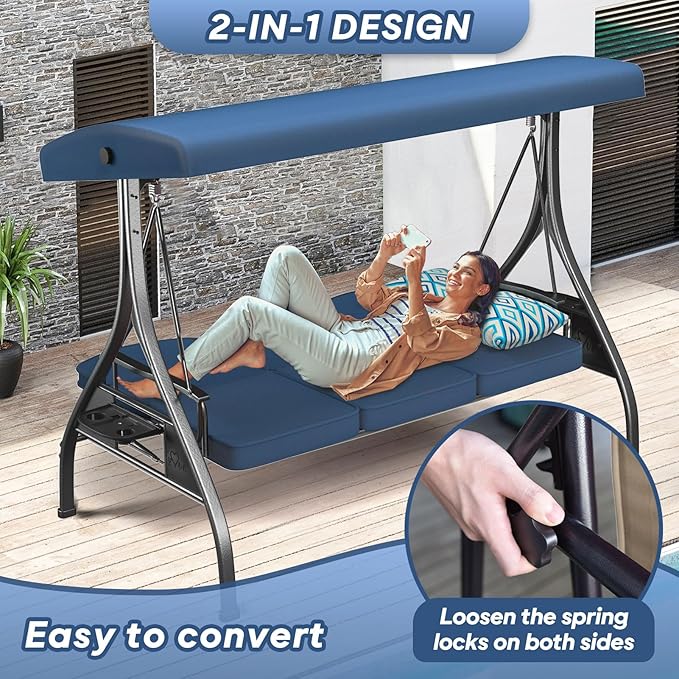 3 Seat Outdoor Porch Patio Swing with Stand 800lbs 2-in-1 Convertible Swing Bed with Adjustable Canopy & Removable Cushion for Yard Garden Deck (Blue, Square Tube)