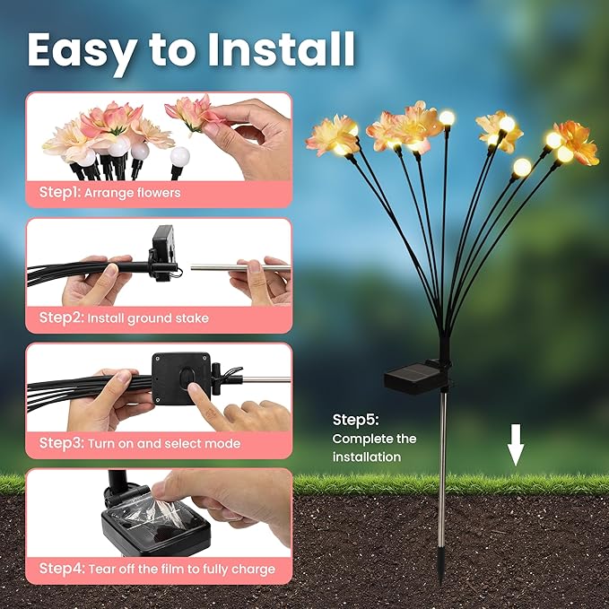 Solar Garden Lights, Warm White LED Swaying Solar Flowers Light for Outside, Waterproof Garden Decor, Outdoor Decorative Lights Yard, Patio, Pathway Decoration Gardening Gifts (4 Pack)