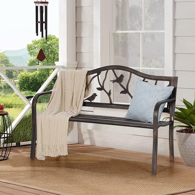 Sophia & William Outdoor Bench, Porch Bench, Garden Bench, Wrought Iron Bench with Backrest and Armrests, Bronze